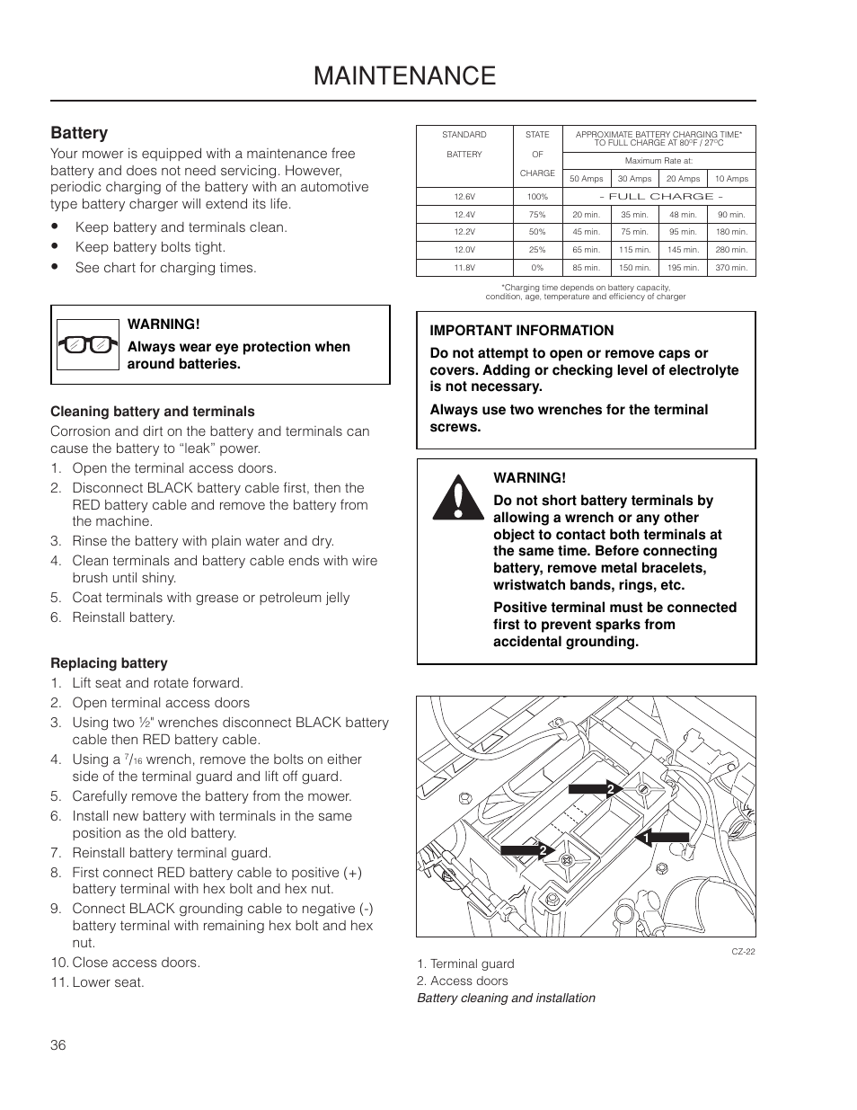 Battery, Maintenance | Yazoo/Kees ZMKW 5222 User Manual | Page 36 / 64