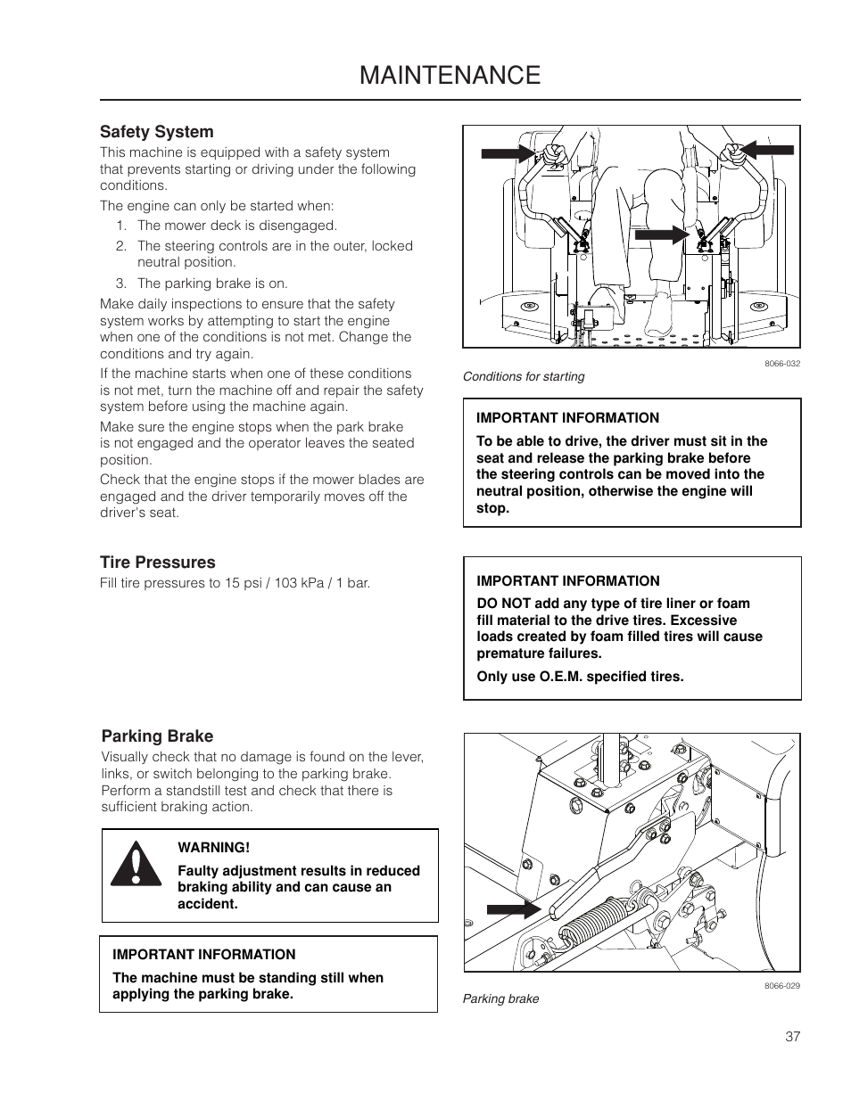 Safety system, Tire pressures, Parking brake | Maintenance | Yazoo/Kees ZMKW 5222 User Manual | Page 37 / 64