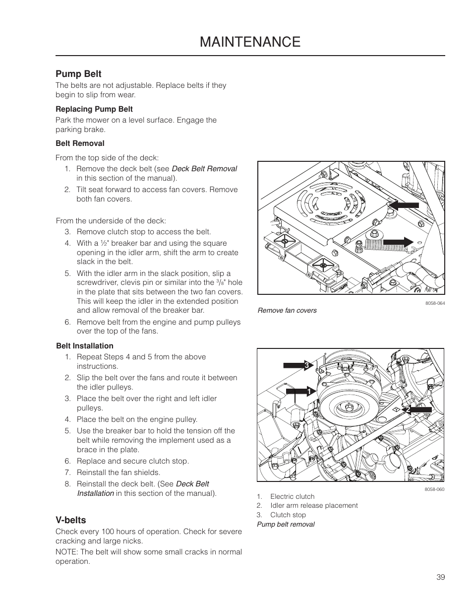 Pump belt, V-belts, Maintenance | Yazoo/Kees ZMKW 5222 User Manual | Page 39 / 64