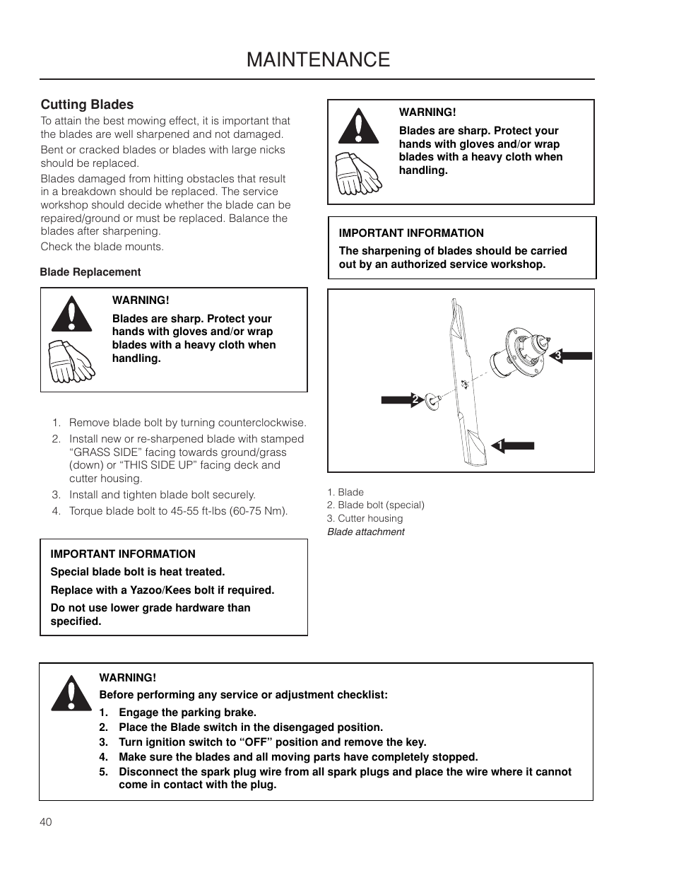 Cutting blades, Maintenance | Yazoo/Kees ZMKW 5222 User Manual | Page 40 / 64