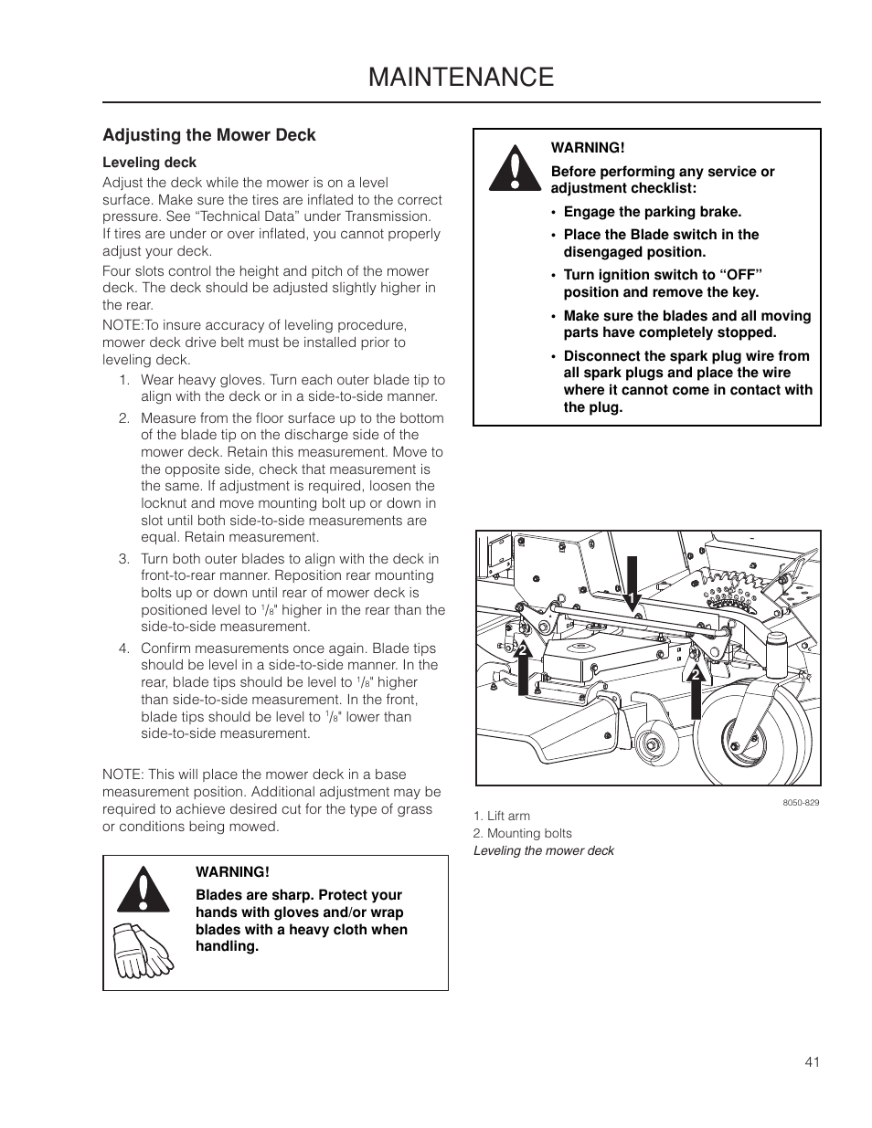 Adjusting the mower deck, Leveling deck, Maintenance | Yazoo/Kees ZMKW 5222 User Manual | Page 41 / 64