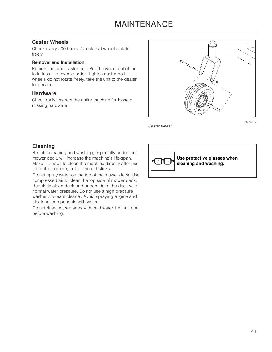 Caster wheels, Hardware, Cleaning | Maintenance | Yazoo/Kees ZMKW 5222 User Manual | Page 43 / 64