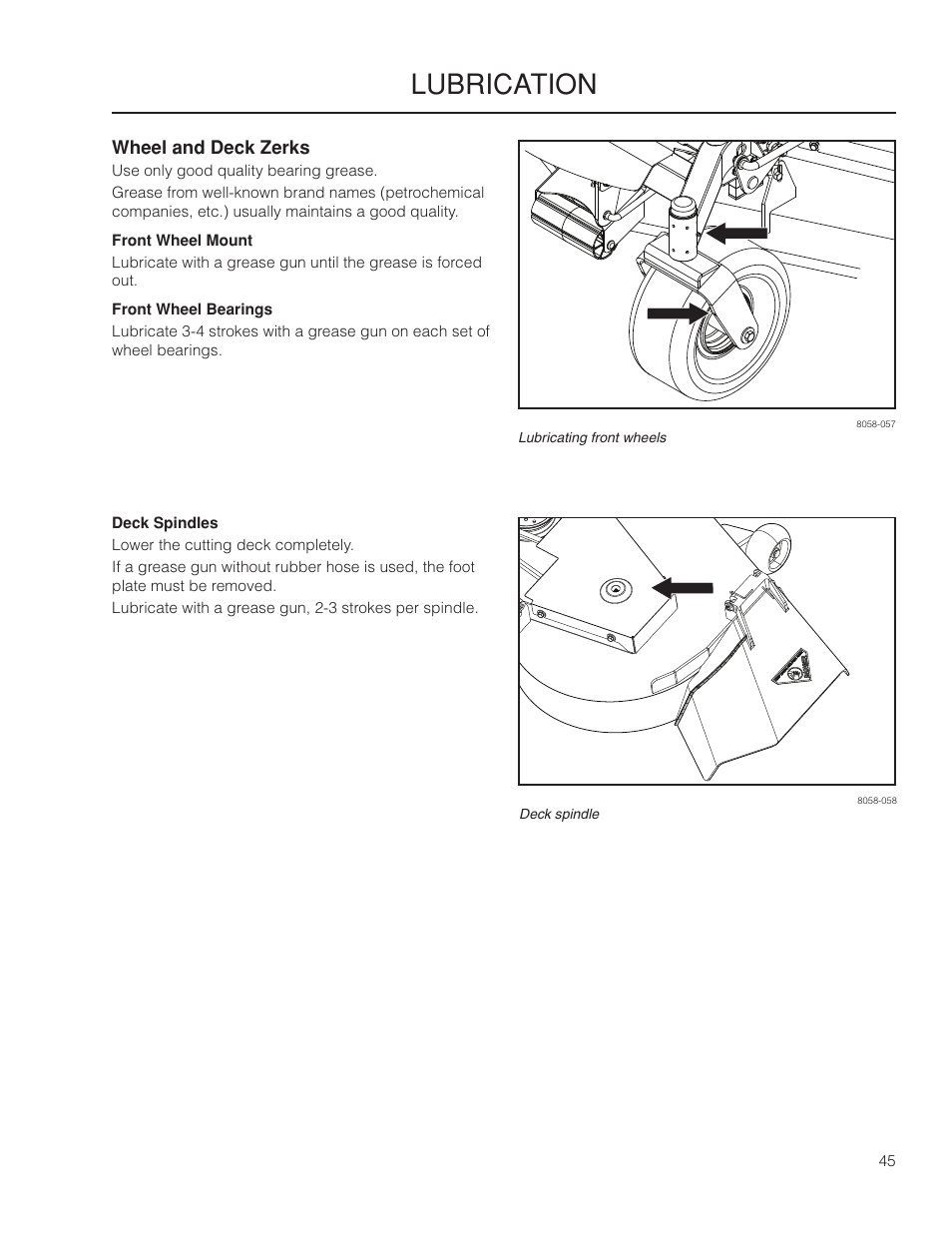 Wheel and deck zerks, Front wheel mount, Front wheel bearings | Deck spindles, Lubrication | Yazoo/Kees ZMKW 5222 User Manual | Page 45 / 64