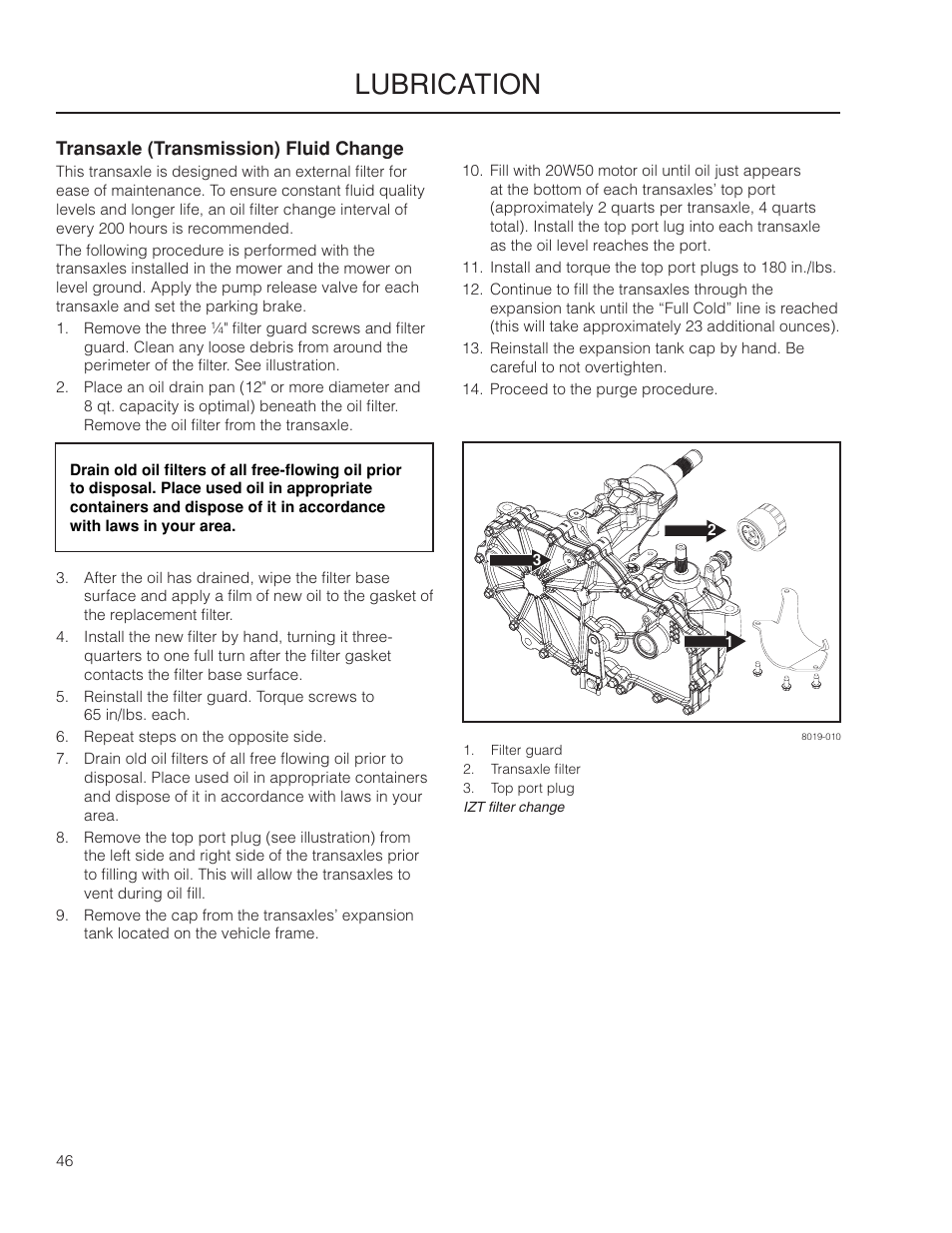 Transaxle (transmission) fluid change, Lubrication | Yazoo/Kees ZMKW 5222 User Manual | Page 46 / 64