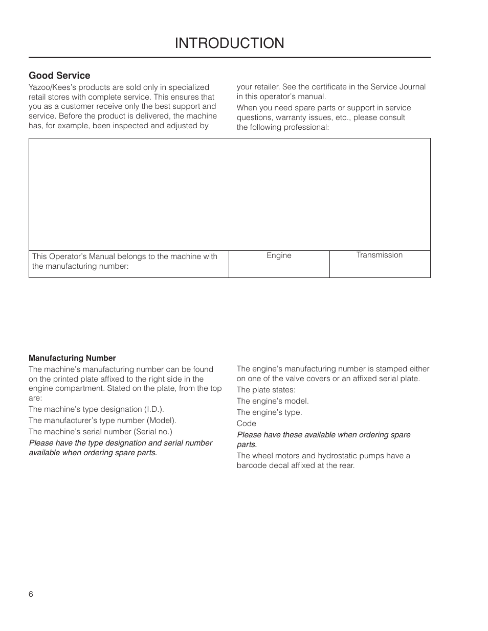 Good service, Manufacturing number, Introduction | Yazoo/Kees ZMKW 5222 User Manual | Page 6 / 64