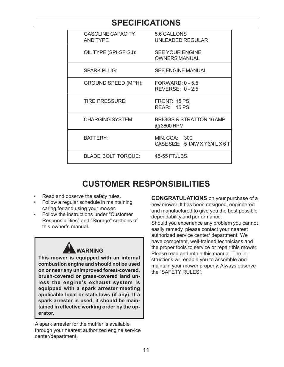 Specifications, Customer responsibilities | Yazoo/Kees ZCBI48181 User Manual | Page 11 / 40