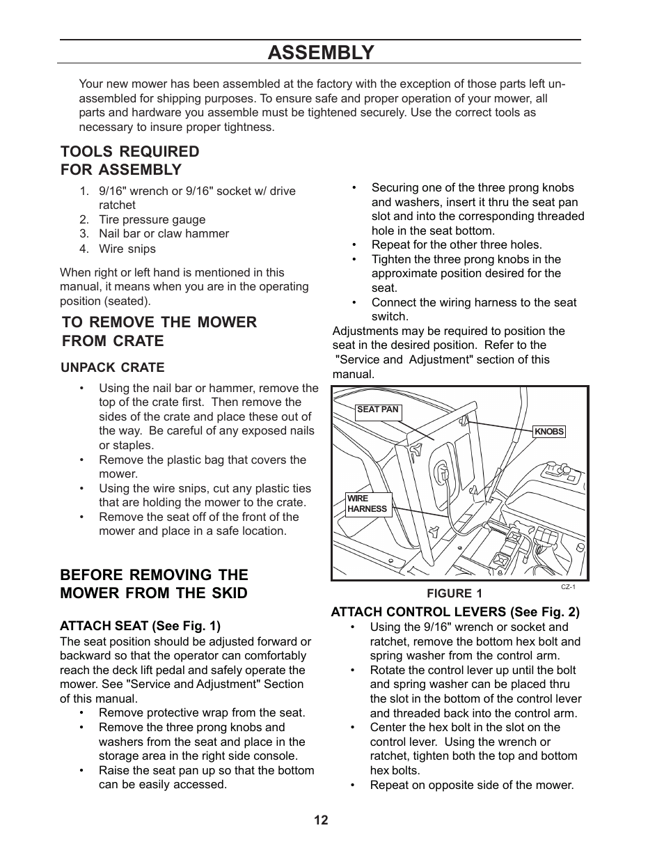 Assembly, Tools required for assembly, Before removing the mower from the skid | Yazoo/Kees ZCBI48181 User Manual | Page 12 / 40