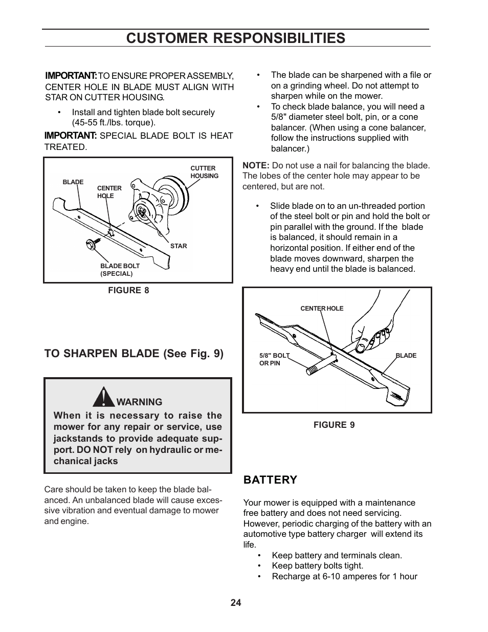 Customer responsibilities, Battery | Yazoo/Kees ZCBI48181 User Manual | Page 24 / 40