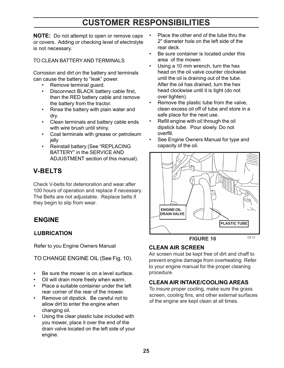 Customer responsibilities, V-belts, Engine | Yazoo/Kees ZCBI48181 User Manual | Page 25 / 40