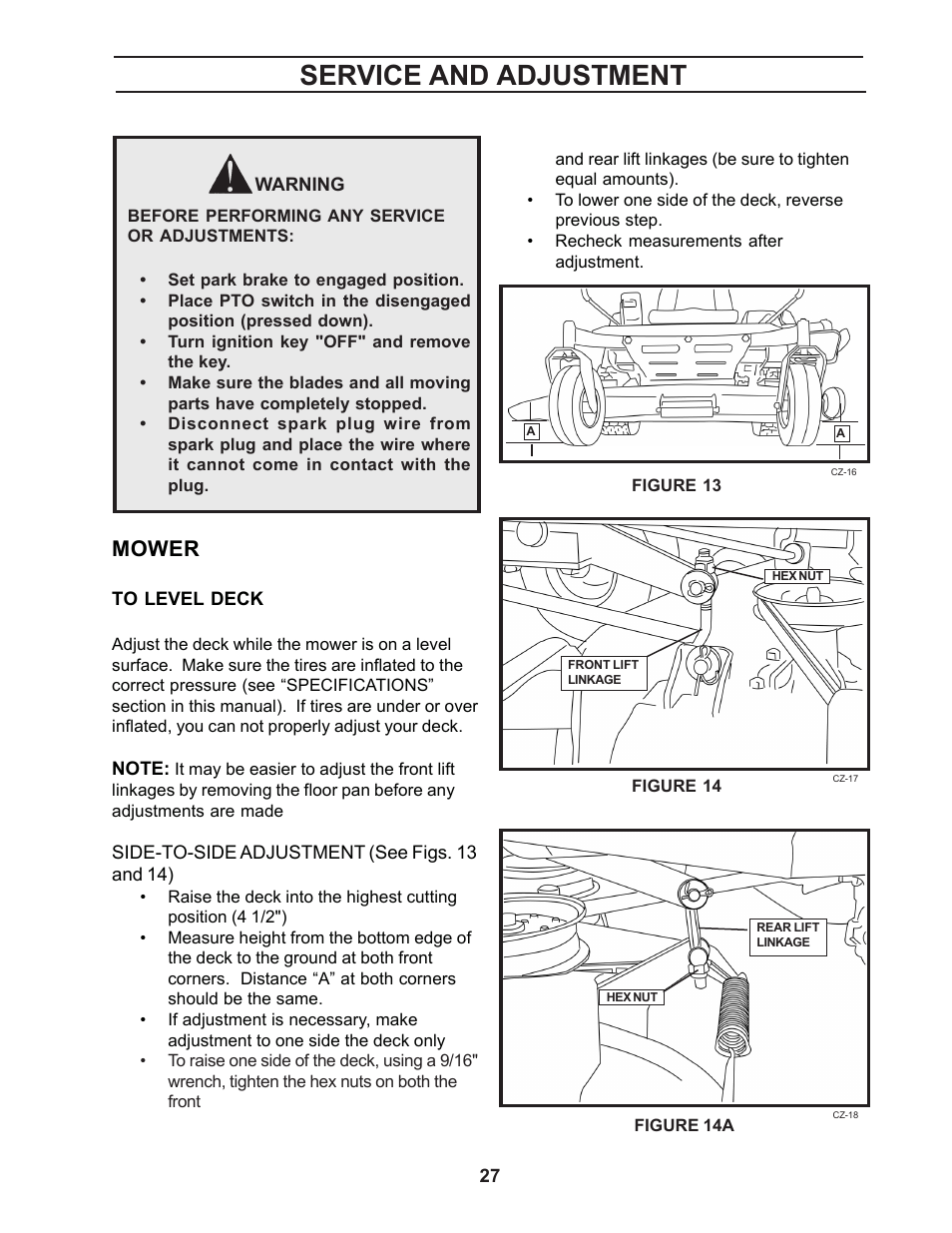 Service and adjustment, Mower | Yazoo/Kees ZCBI48181 User Manual | Page 27 / 40