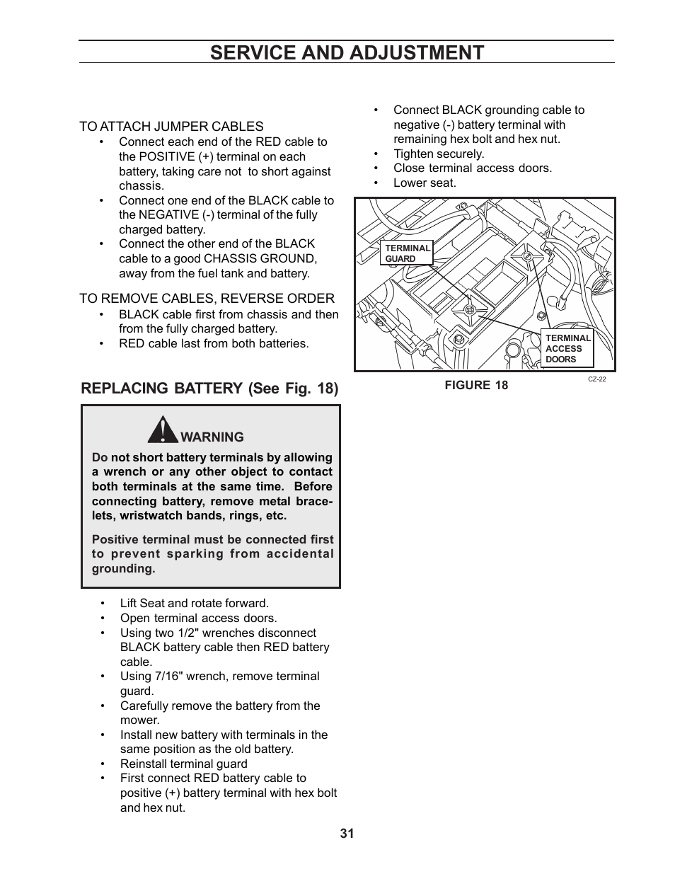 Service and adjustment, Replacing battery (see fig. 18) | Yazoo/Kees ZCBI48181 User Manual | Page 31 / 40