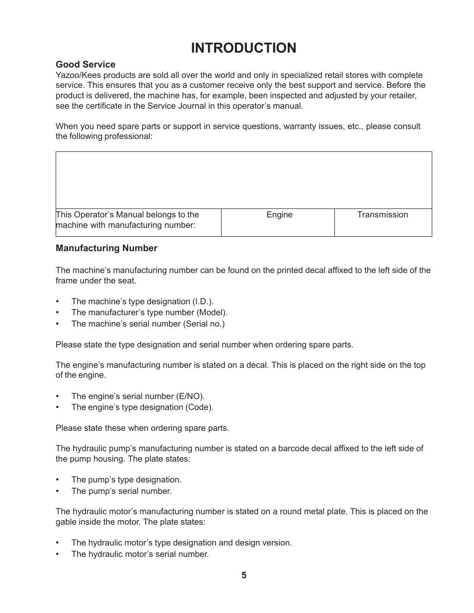 Introduction | Yazoo/Kees ZMB142180 User Manual | Page 5 / 30