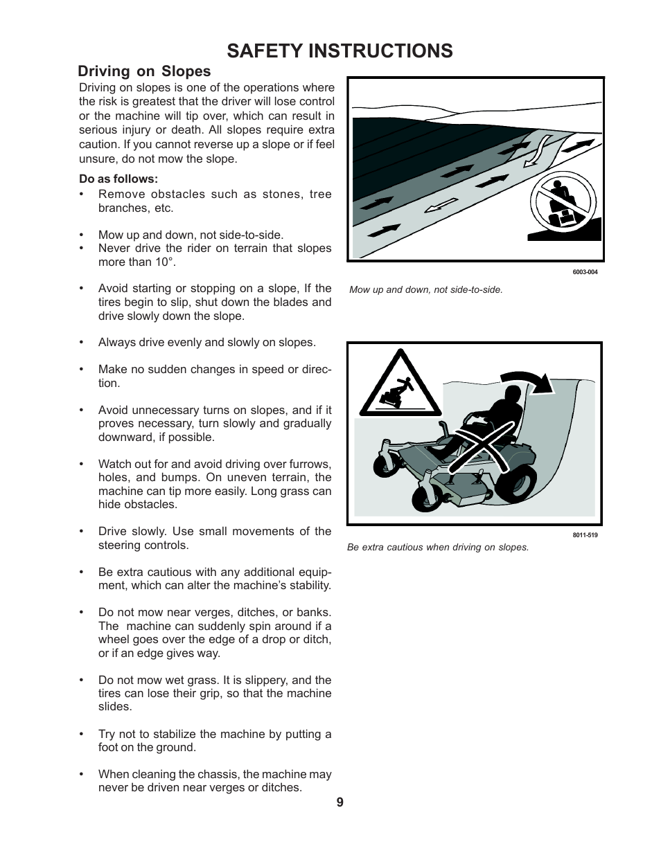 Safety instructions, Driving on slopes | Yazoo/Kees ZMB142180 User Manual | Page 9 / 30