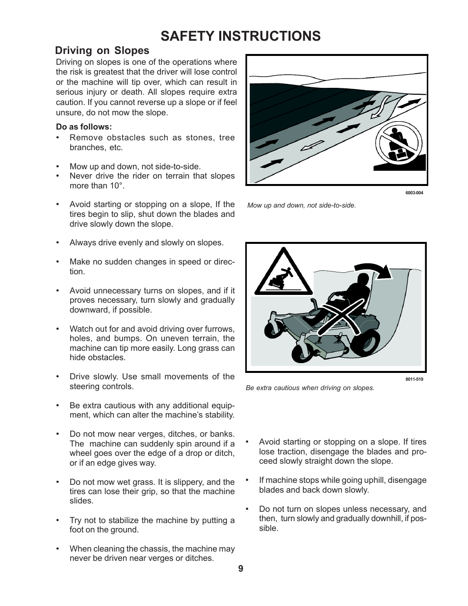 Safety instructions, Driving on slopes | Yazoo/Kees ZMBI48181 User Manual | Page 9 / 30