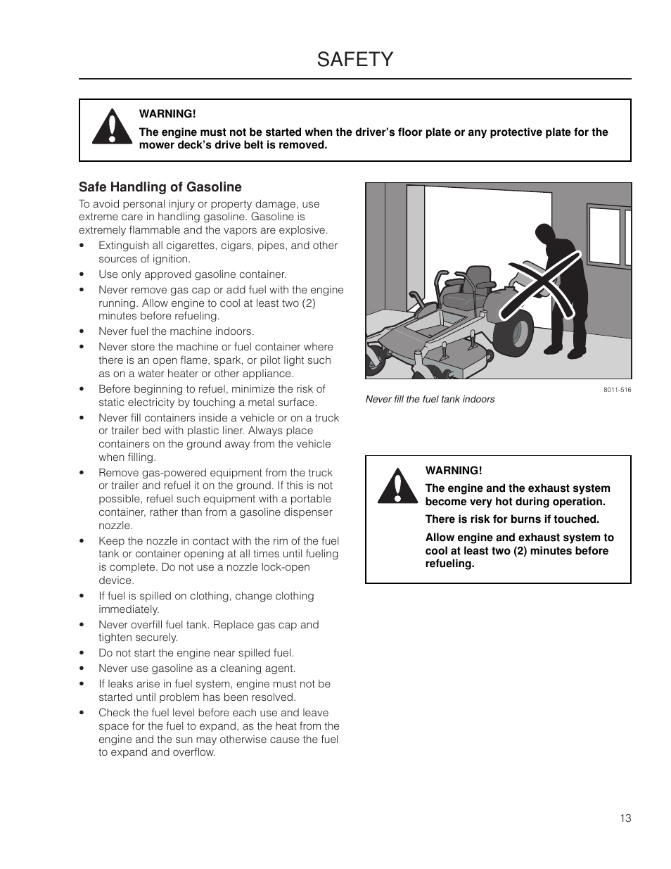 Safe handling of gasoline, Safety | Yazoo/Kees ZPKW5426 User Manual | Page 13 / 72