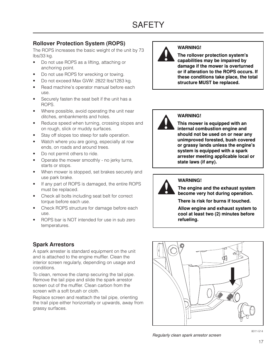 Rollover protection system (rops), Spark arrestors, Safety | Yazoo/Kees ZPKW5426 User Manual | Page 17 / 72