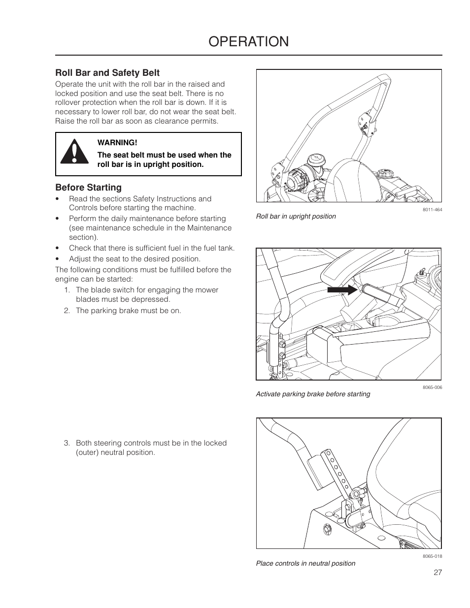 Roll bar and safety belt, Before starting, Operation | Yazoo/Kees ZPKW5426 User Manual | Page 27 / 72