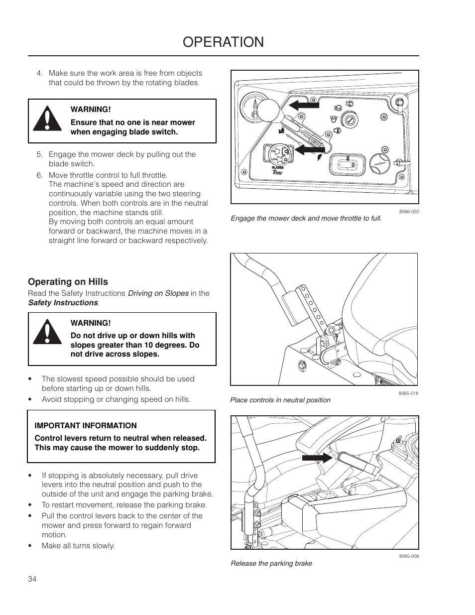 Operating on hills, Operation | Yazoo/Kees ZPKW5426 User Manual | Page 34 / 72