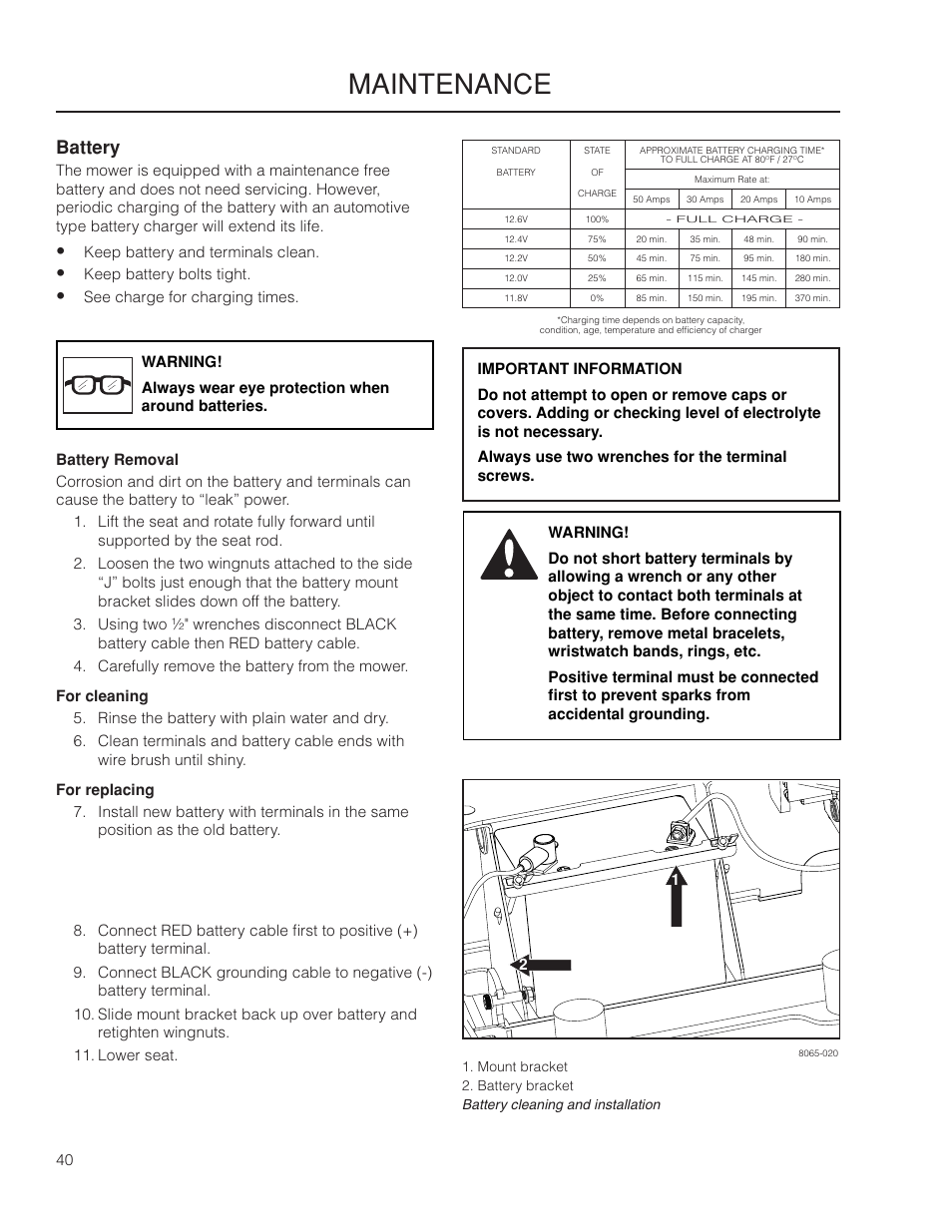 Battery, Maintenance | Yazoo/Kees ZPKW5426 User Manual | Page 40 / 72