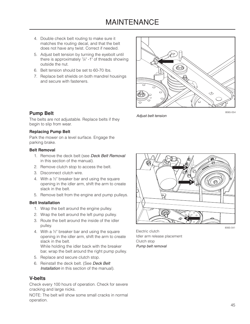 Pump belt, V-belts, Maintenance | Yazoo/Kees ZPKW5426 User Manual | Page 45 / 72