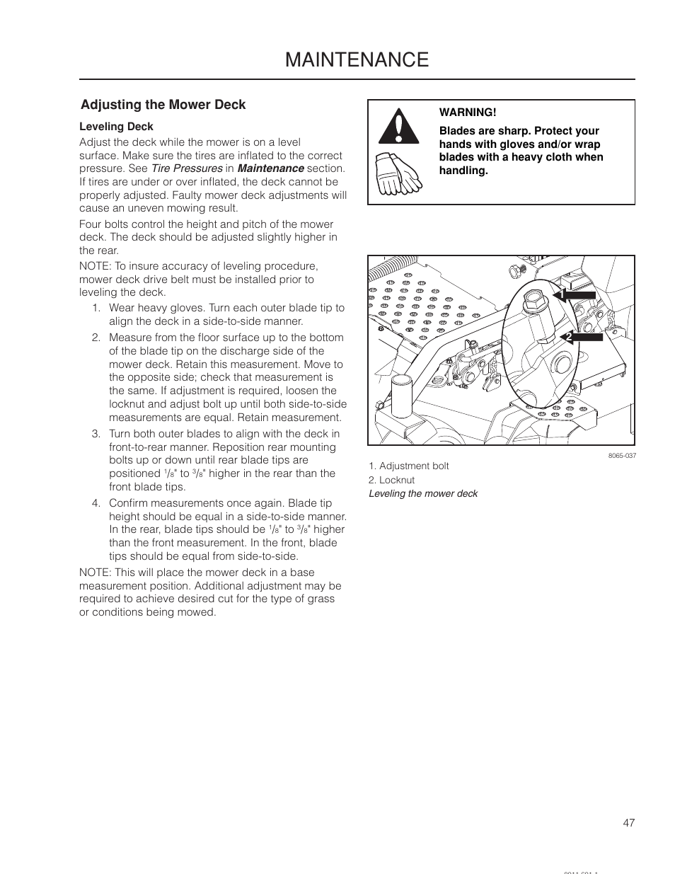 Adjusting the mower deck, Leveling deck, Maintenance | Yazoo/Kees ZPKW5426 User Manual | Page 47 / 72