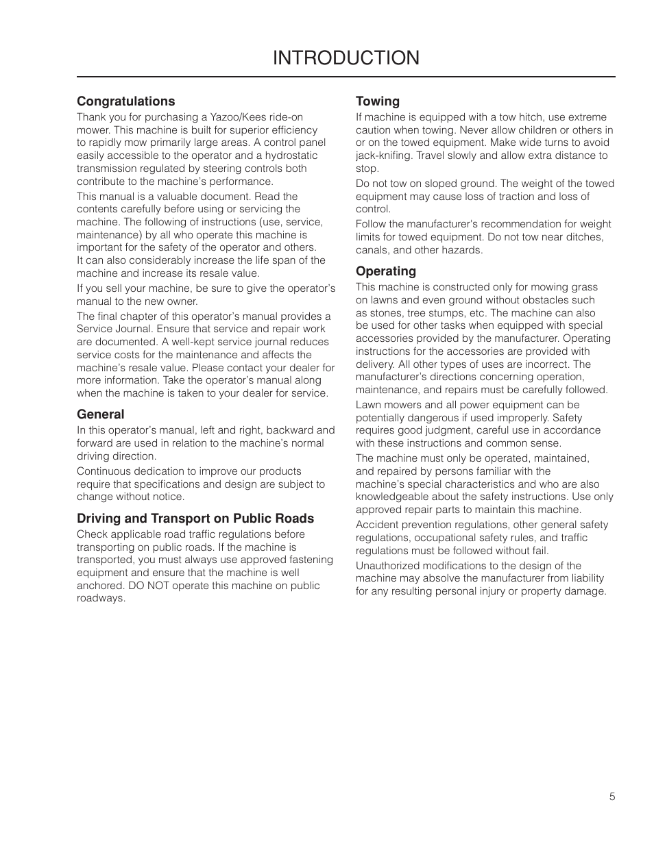 Introduction, Driving and transport on public roads, Towing | Operating | Yazoo/Kees ZPKW5426 User Manual | Page 5 / 72