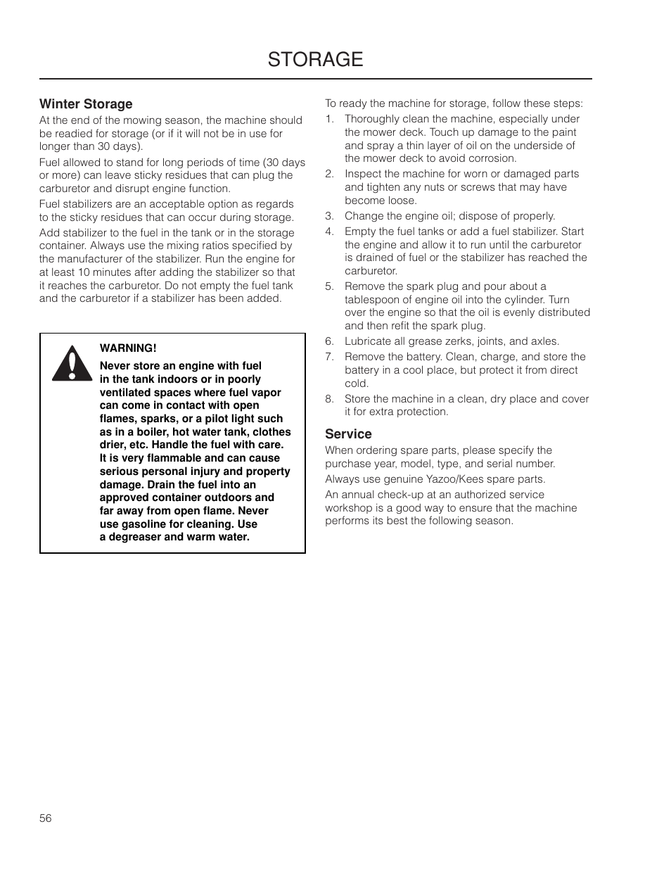 Storage, Winter storage, Service | Yazoo/Kees ZPKW5426 User Manual | Page 56 / 72