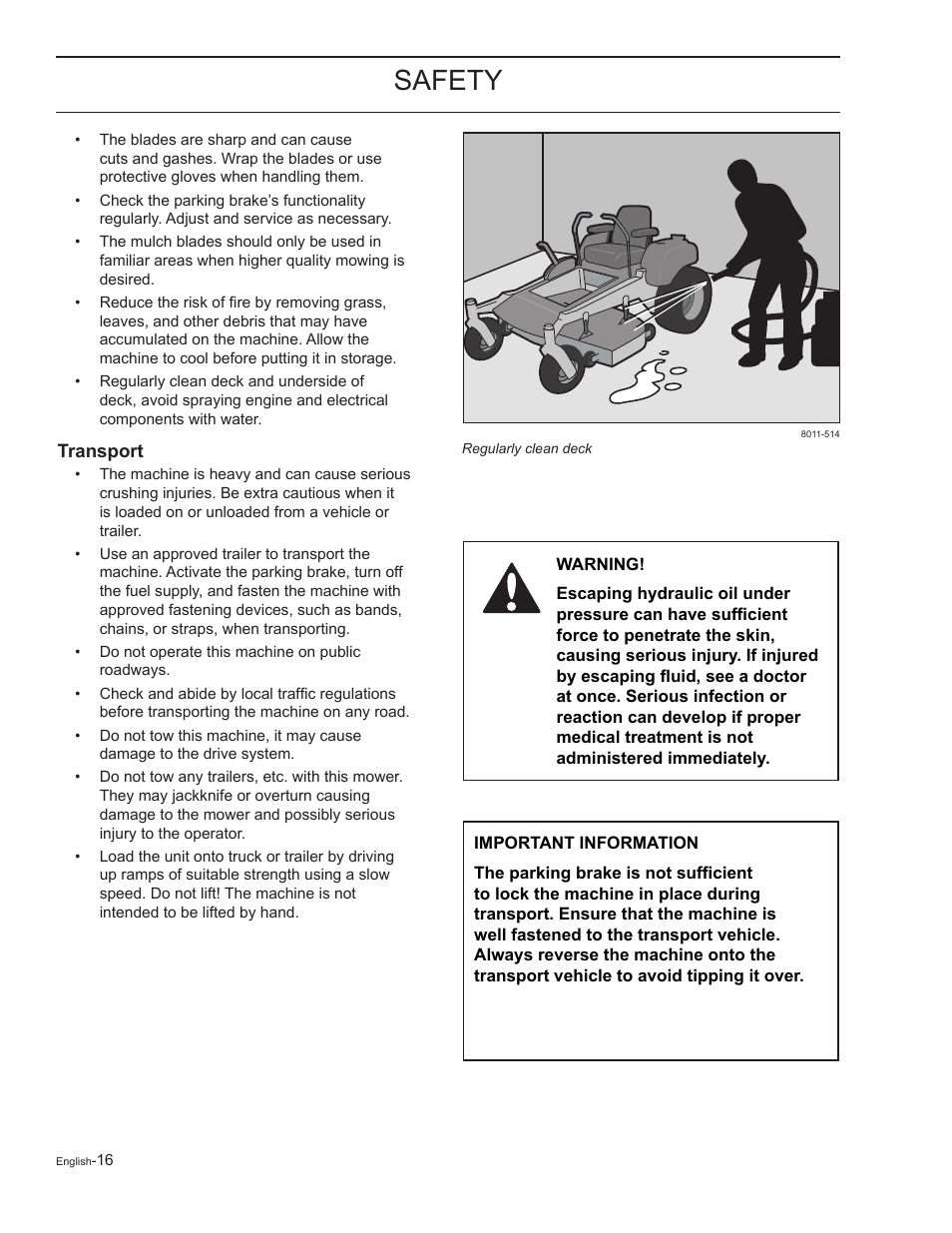 Transport, Safety | Yazoo/Kees ZELKH61250 User Manual | Page 16 / 76
