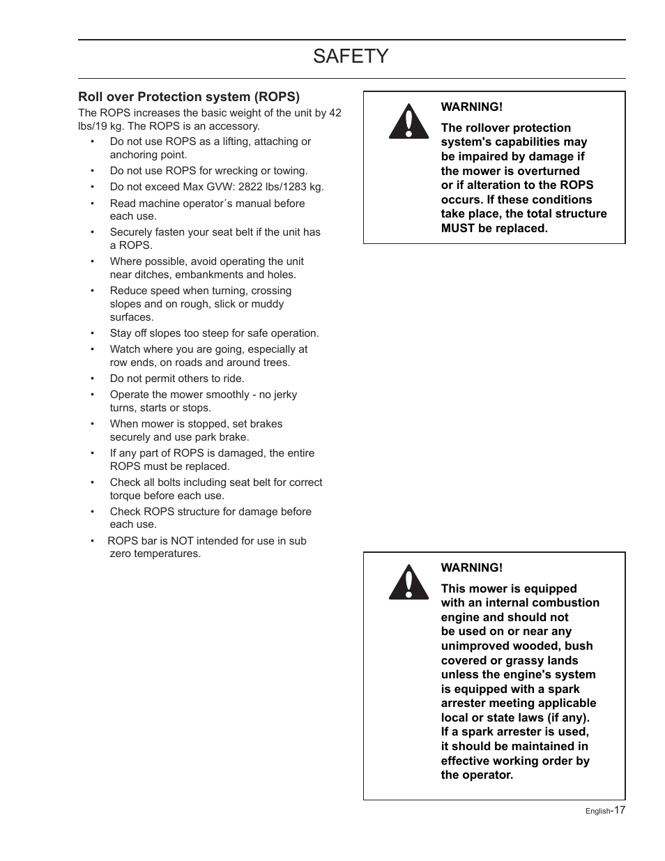 Roll over protection system (rops), Safety | Yazoo/Kees ZELKH61250 User Manual | Page 17 / 76