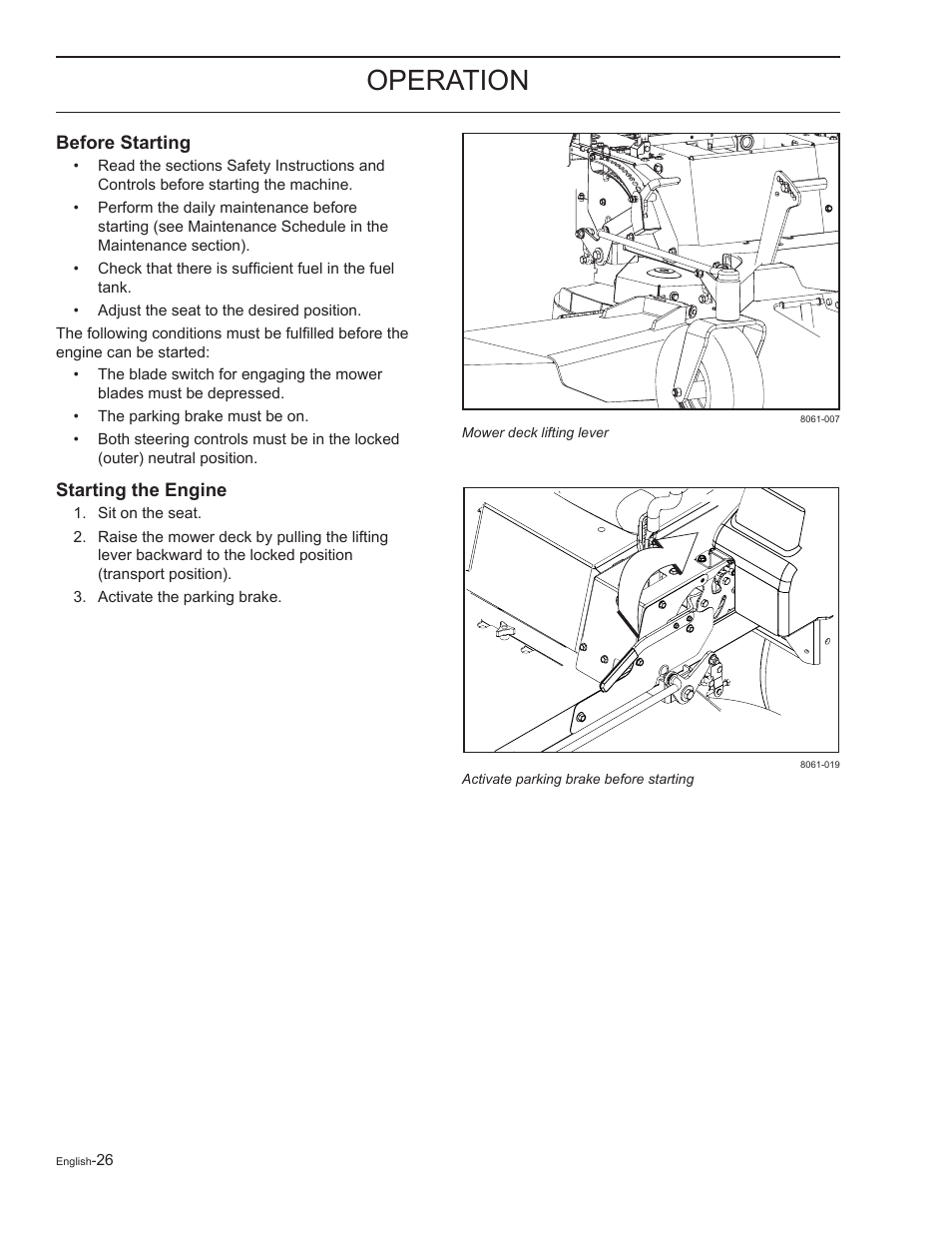 Before starting, Starting the engine, Operation | Yazoo/Kees ZELKH61250 User Manual | Page 26 / 76