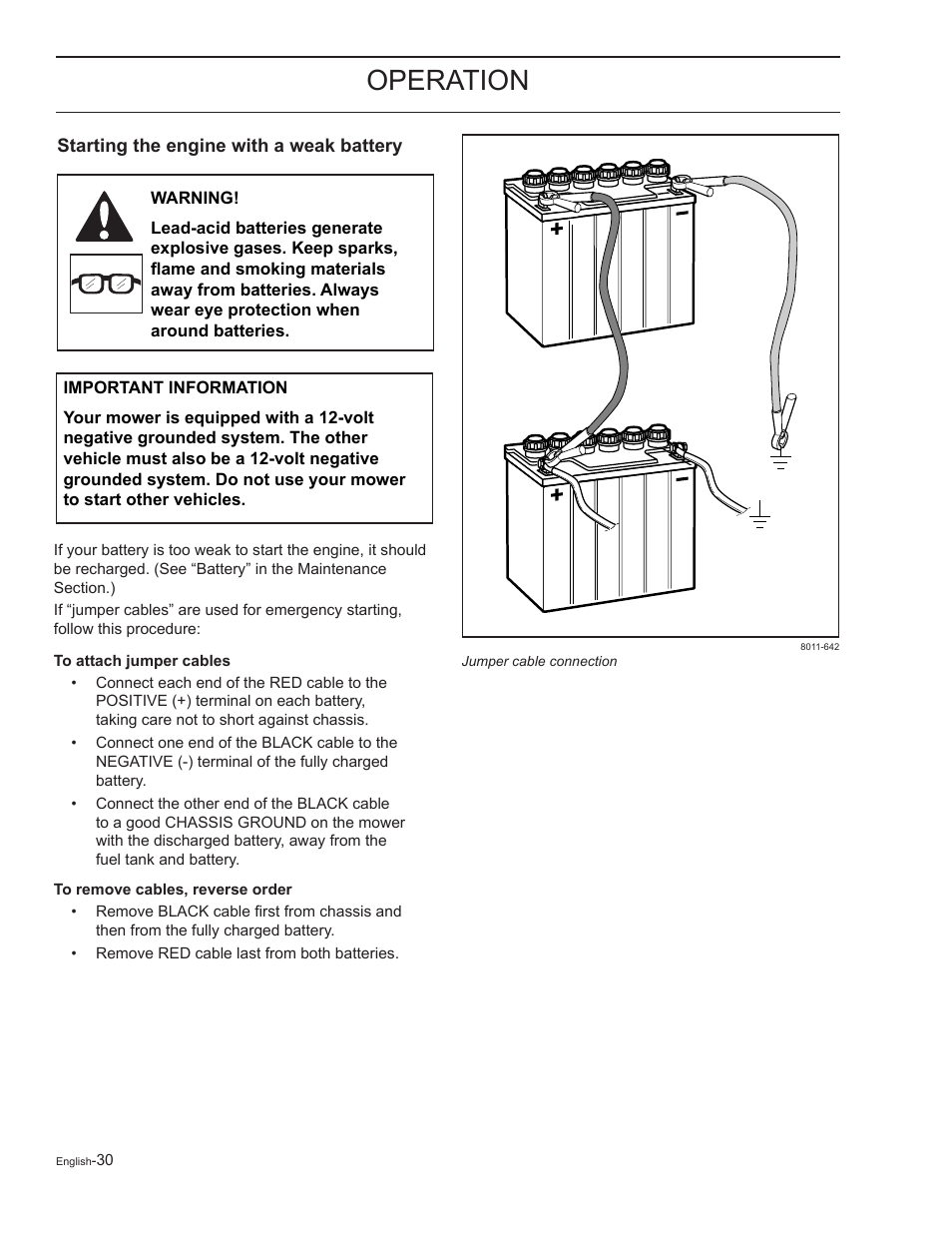 Starting the engine with a weak battery, Operation | Yazoo/Kees ZELKH61250 User Manual | Page 30 / 76