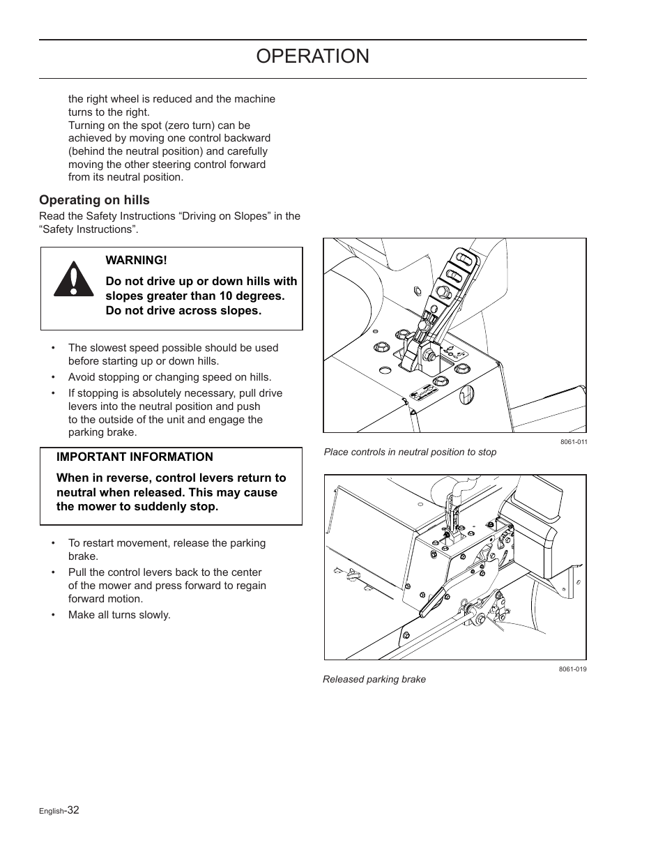 Operating on hills, Operation | Yazoo/Kees ZELKH61250 User Manual | Page 32 / 76