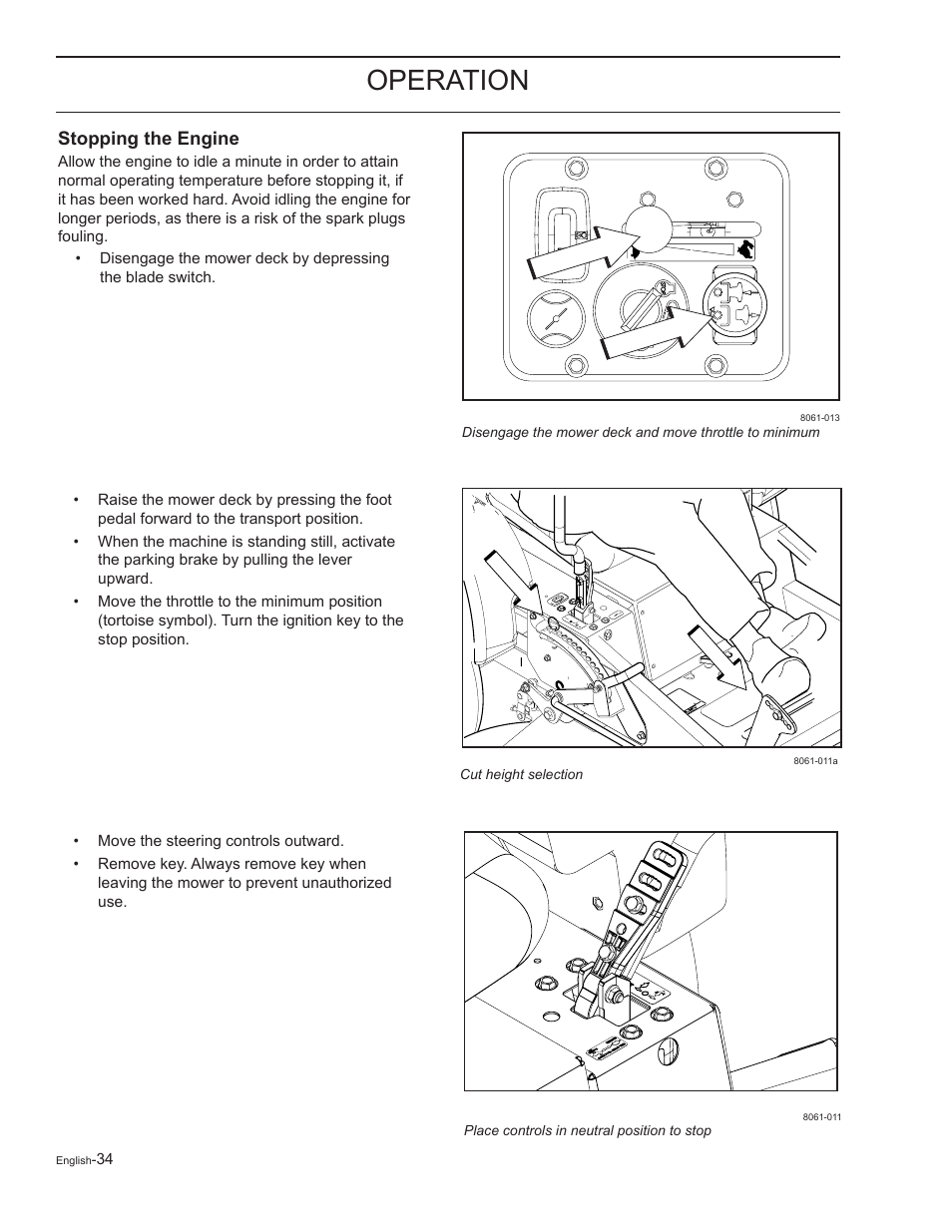 Stopping the engine, Operation | Yazoo/Kees ZELKH61250 User Manual | Page 34 / 76