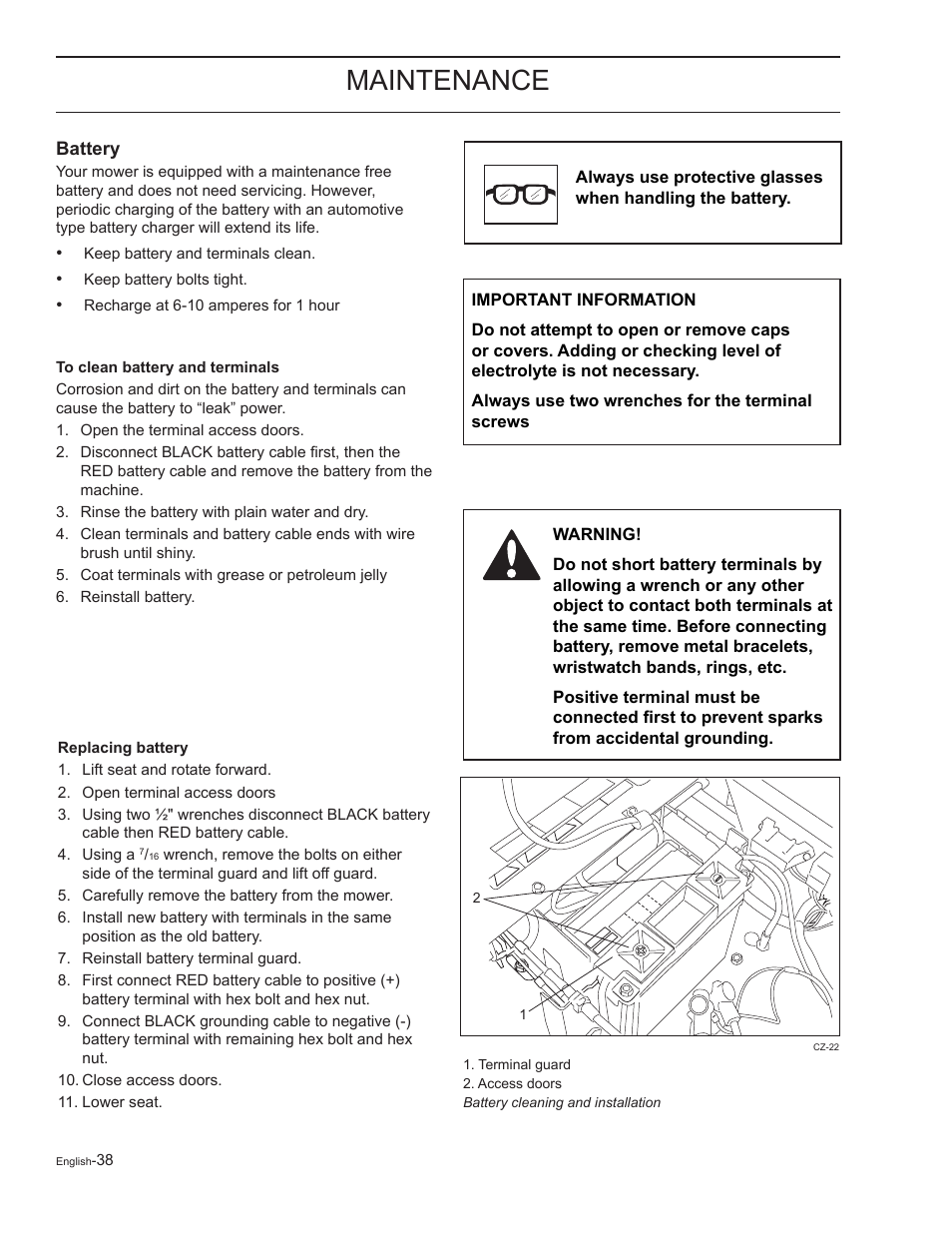Battery, Maintenance | Yazoo/Kees ZELKH61250 User Manual | Page 38 / 76