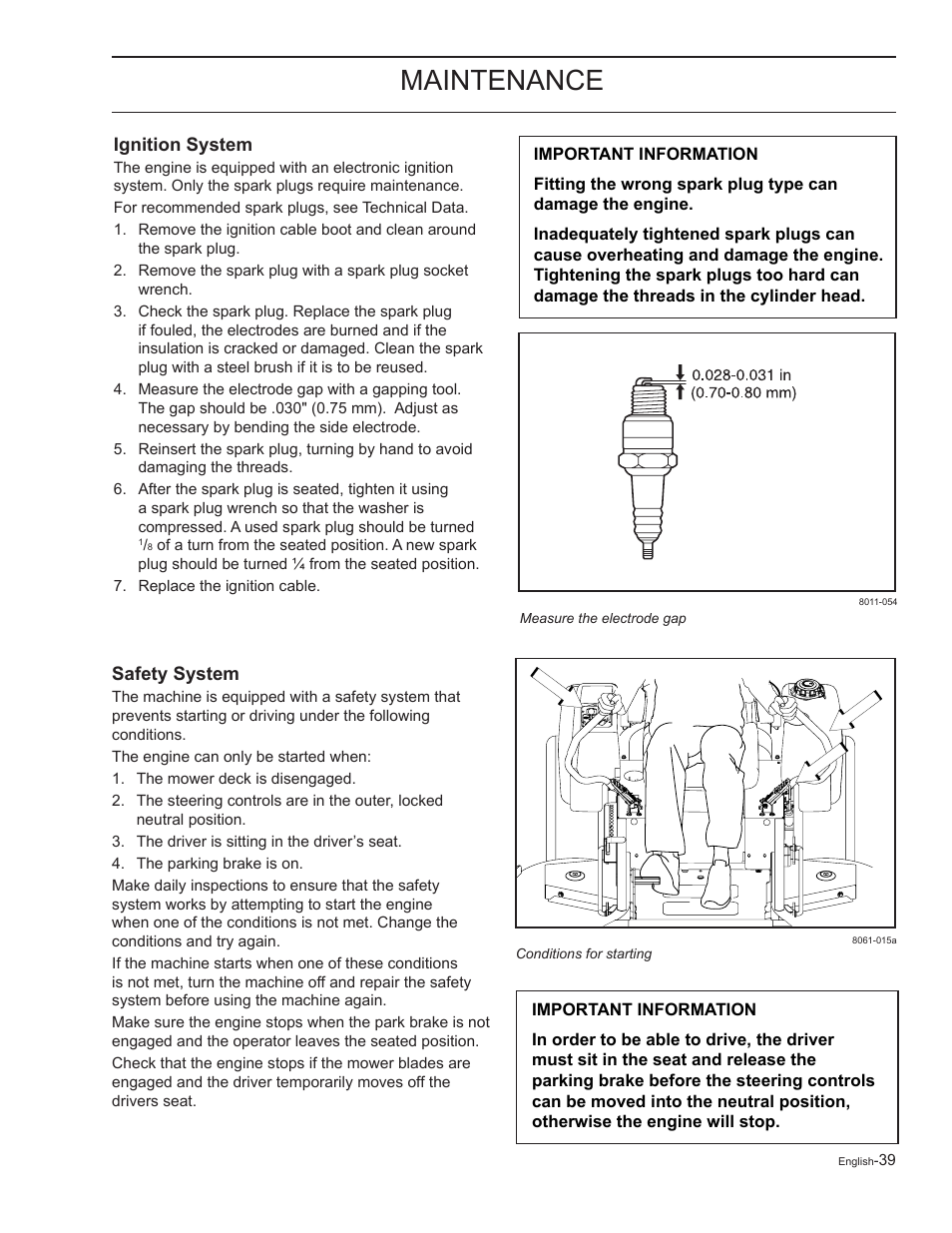 Ignition system, Safety system, Maintenance | Yazoo/Kees ZELKH61250 User Manual | Page 39 / 76