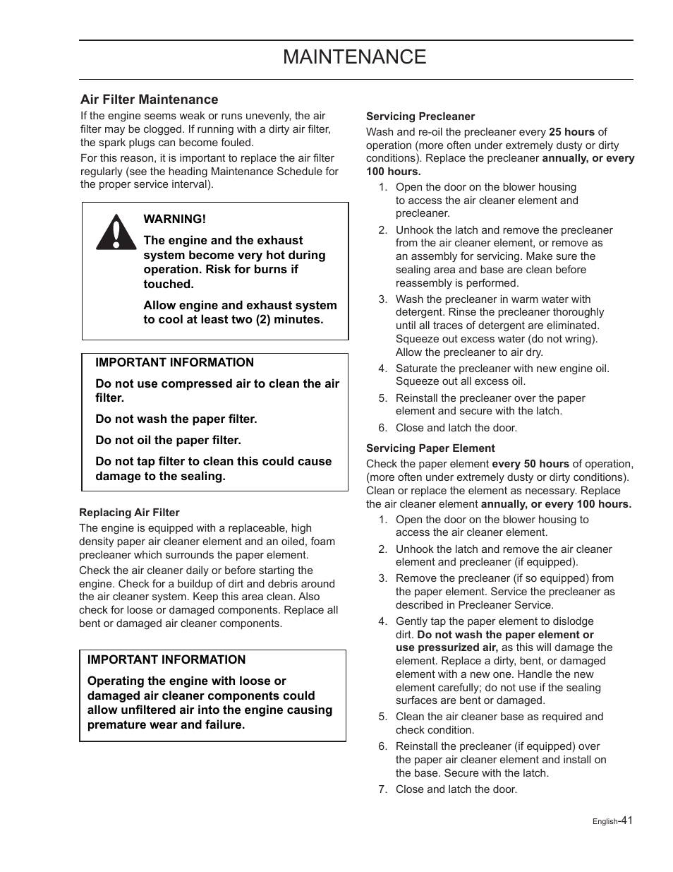 Air filter maintenance, Replacing air filter, Servicing precleaner | Servicing paper element, Maintenance | Yazoo/Kees ZELKH61250 User Manual | Page 41 / 76