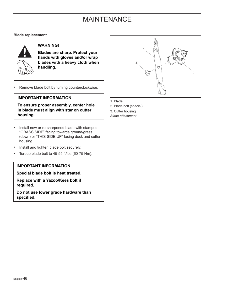 Blade replacement, Maintenance | Yazoo/Kees ZELKH61250 User Manual | Page 46 / 76