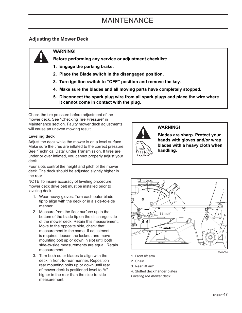 Adjusting the mower deck, Leveling deck, Maintenance | Yazoo/Kees ZELKH61250 User Manual | Page 47 / 76