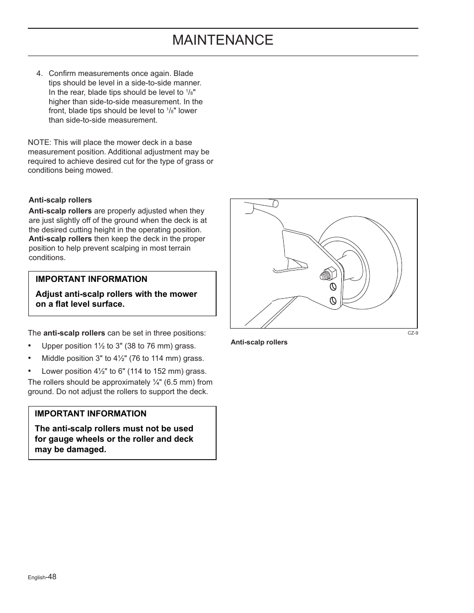 Anti-scalp rollers, Maintenance | Yazoo/Kees ZELKH61250 User Manual | Page 48 / 76