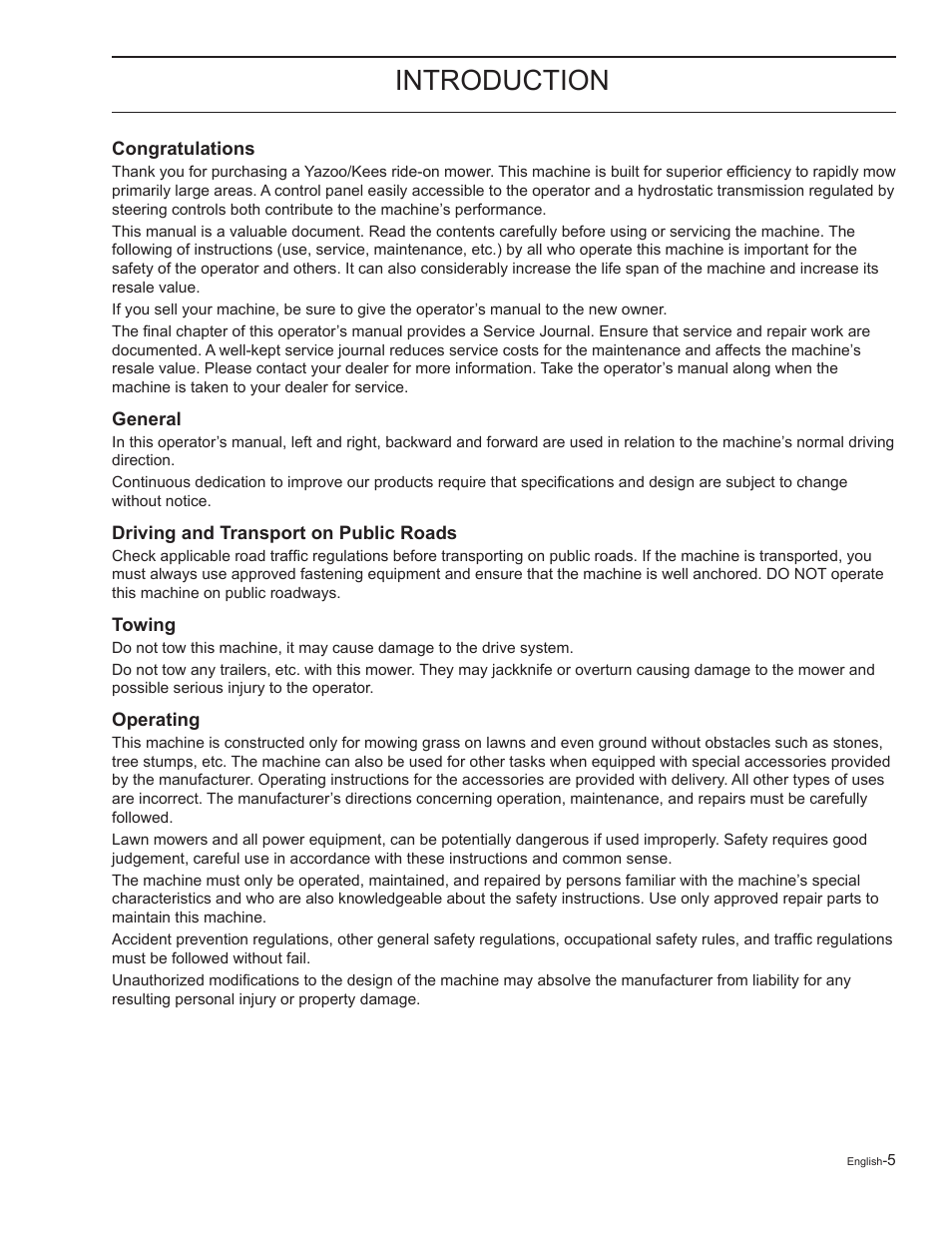 Introduction, Congratulations, General | Driving and transport on public roads, Towing, Operating | Yazoo/Kees ZELKH61250 User Manual | Page 5 / 76