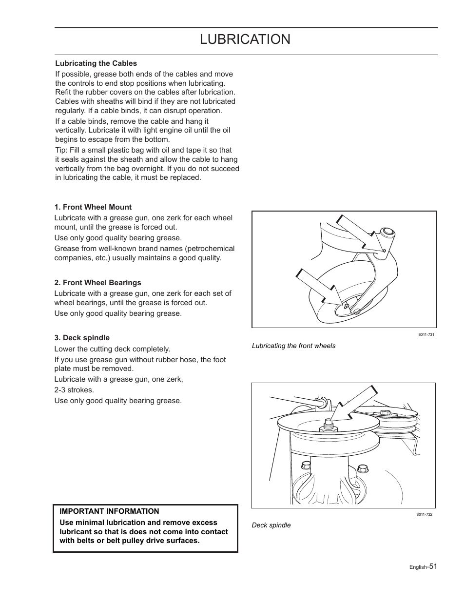 Lubricating the cables, Front wheel mount, Front wheel bearings | Deck spindle, Lubrication | Yazoo/Kees ZELKH61250 User Manual | Page 51 / 76
