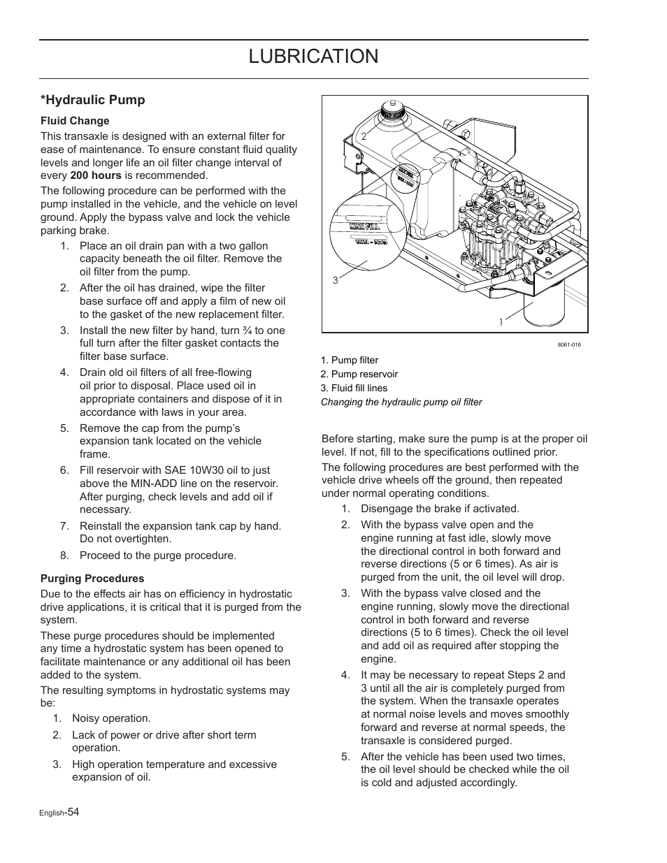 Hydraulic pump, Fluid change, Purging procedures | Lubrication | Yazoo/Kees ZELKH61250 User Manual | Page 54 / 76