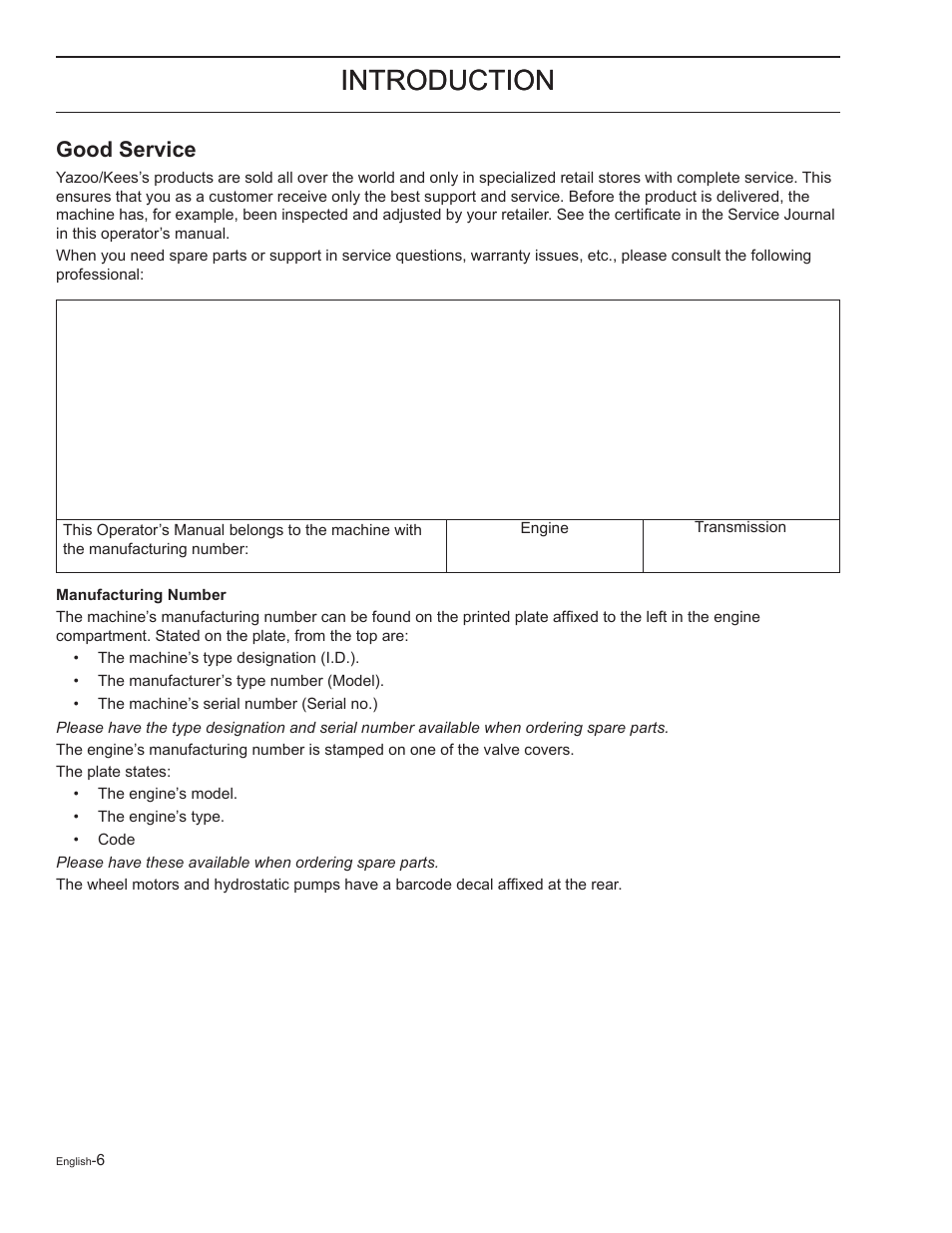 Good service, Introduction | Yazoo/Kees ZELKH61250 User Manual | Page 6 / 76