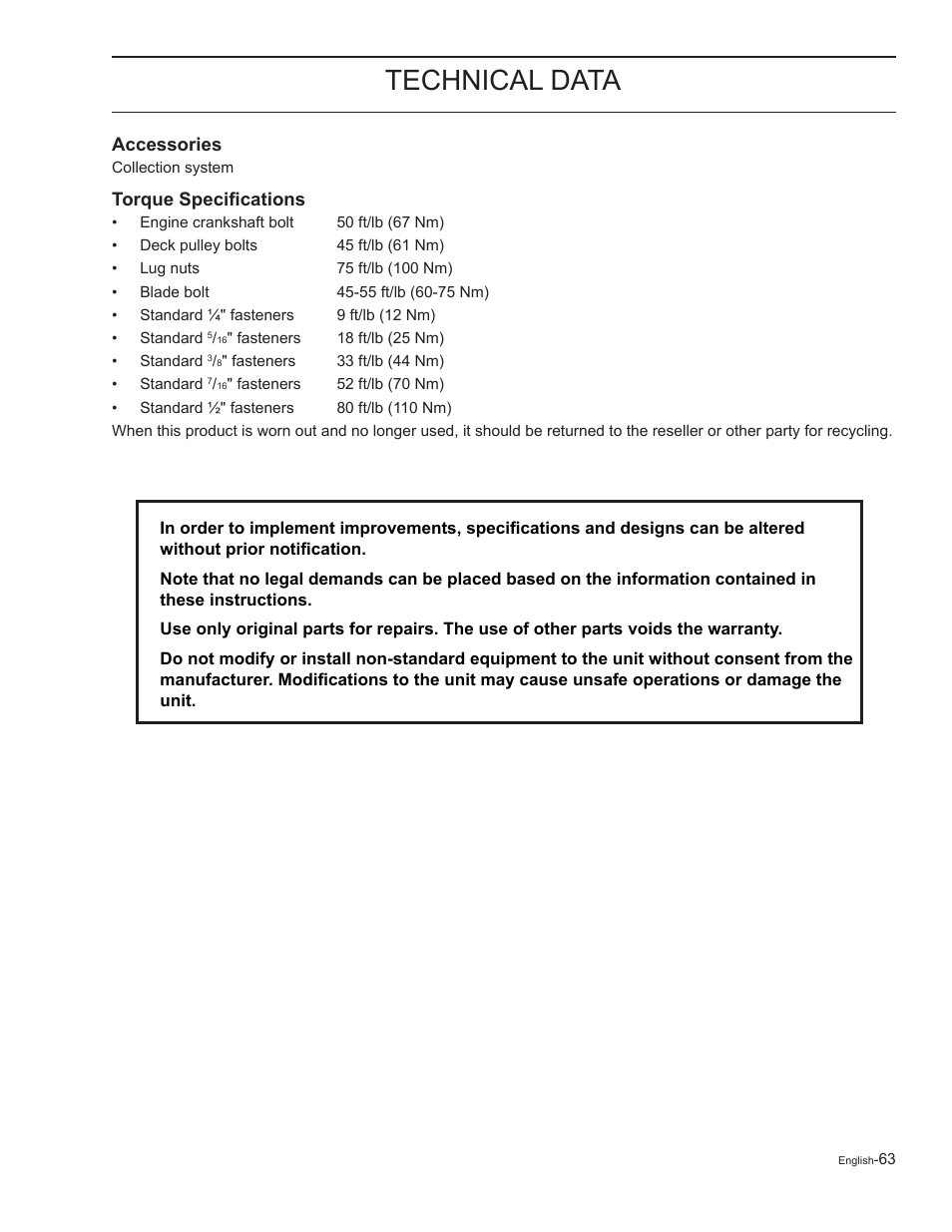 Torque specifications, Accessories, Technical data | Yazoo/Kees ZELKH61250 User Manual | Page 63 / 76
