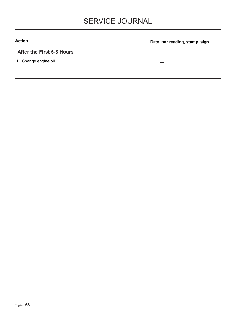 After the first 5-8 hours, Service journal | Yazoo/Kees ZELKH61250 User Manual | Page 66 / 76