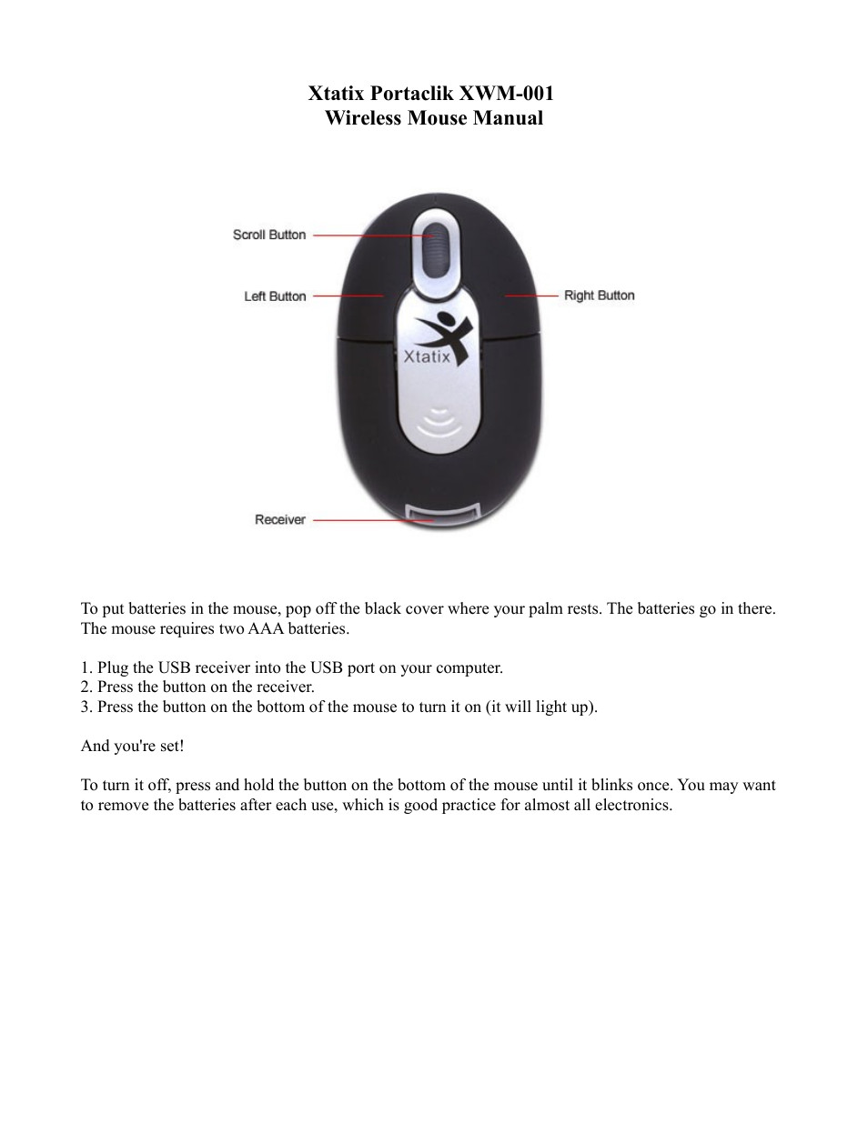 Xtatix XWM-001 User Manual | 1 page