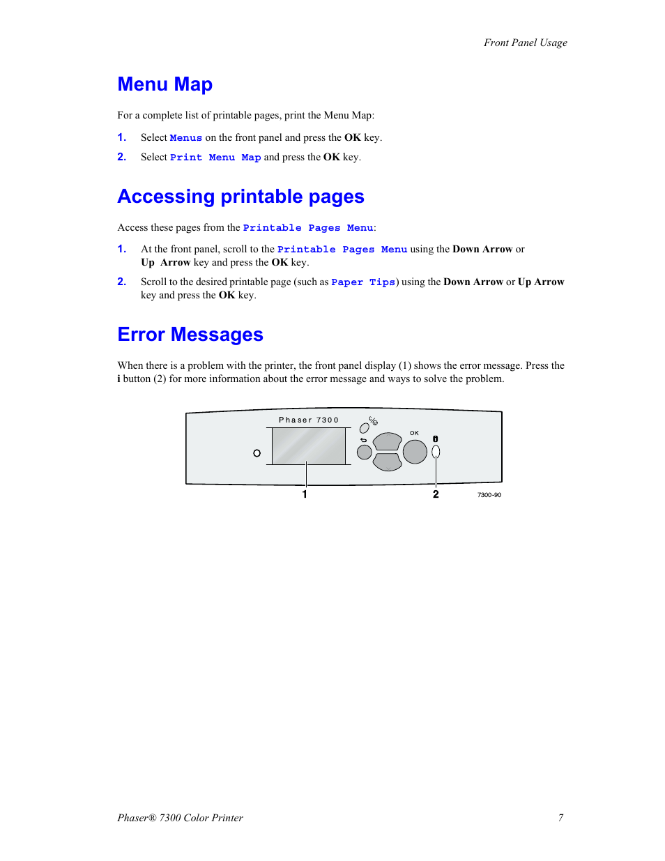Menu map, Accessing printable pages, Error messages | Xerox Color Printer Phaser 7300 User Manual | Page 2 / 3