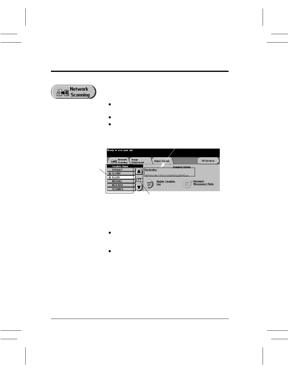 Template overview, Template overview -4, Scrolling through the template name list -4 | Scrolling through the template name list | Xerox DC User Manual | Page 112 / 352