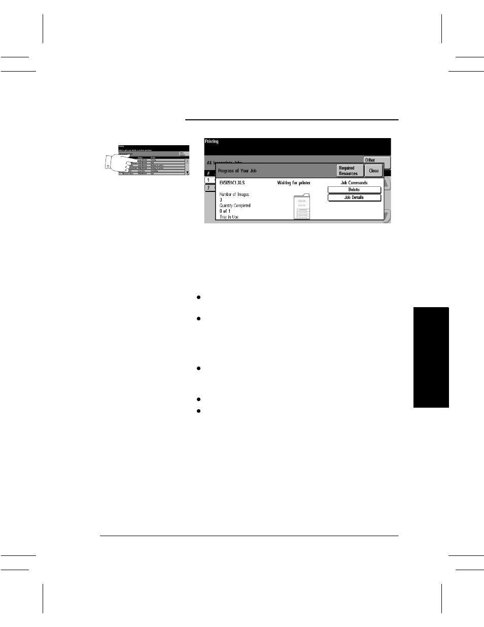 Managing the job queue, Managing the job queue -5, Job commands -5 | Job st at us managing the job queue | Xerox DC User Manual | Page 153 / 352