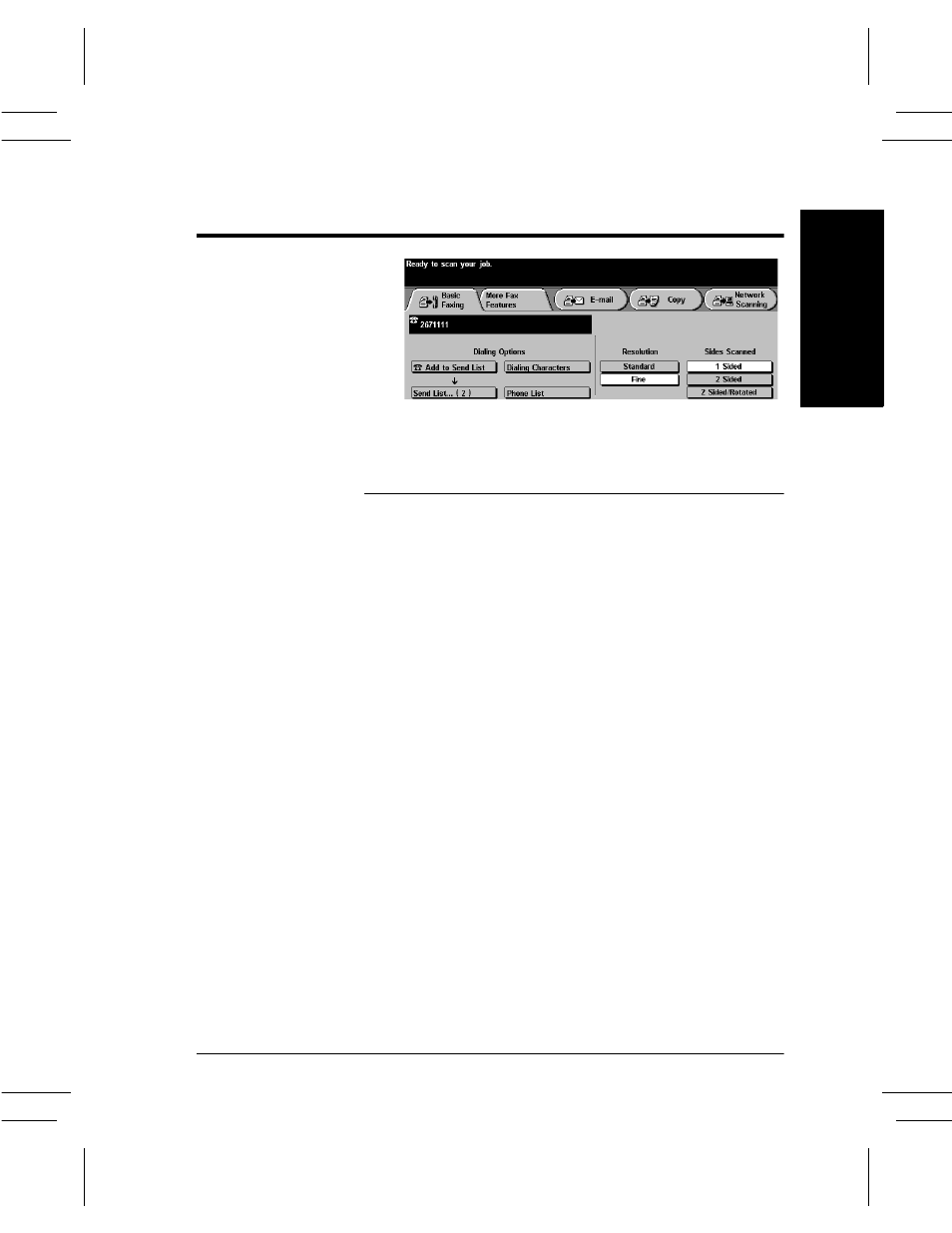 Basic faxing screen, Dialing options, Basic faxing screen -9 | Dialing options -9 | Xerox DC User Manual | Page 99 / 352